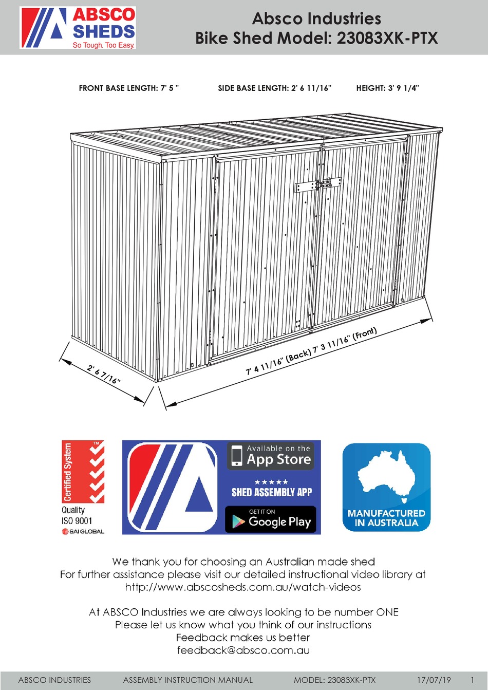 ABSCO SHEDS 23083XKPTX ASSEMBLY & INSTRUCTION MANUAL Pdf Download