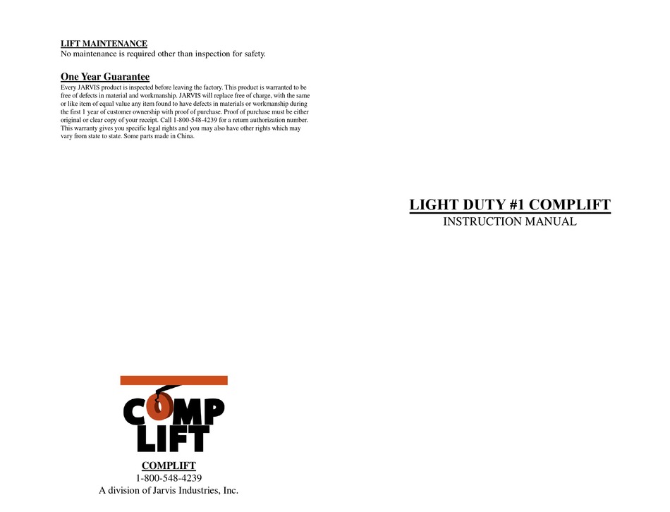 JARVIS COMPLIFT LIGHT DUTY 1 INSTRUCTION MANUAL Pdf Download ManualsLib