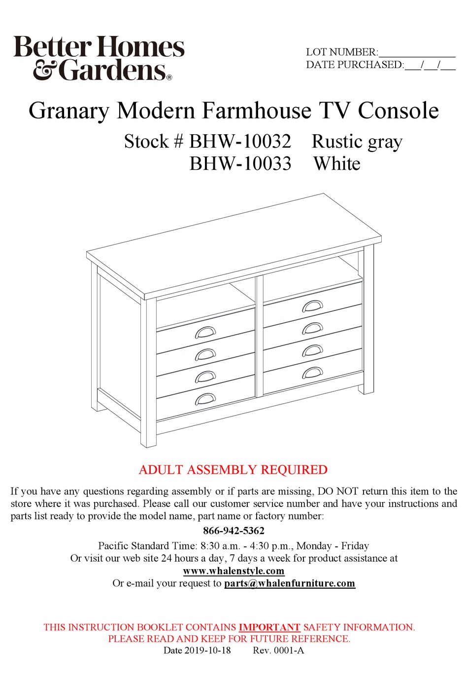 WHALEN FURNITURE BETTER HOMES & GARDENS BHW10032 ASSEMBLY INSTRUCTIONS