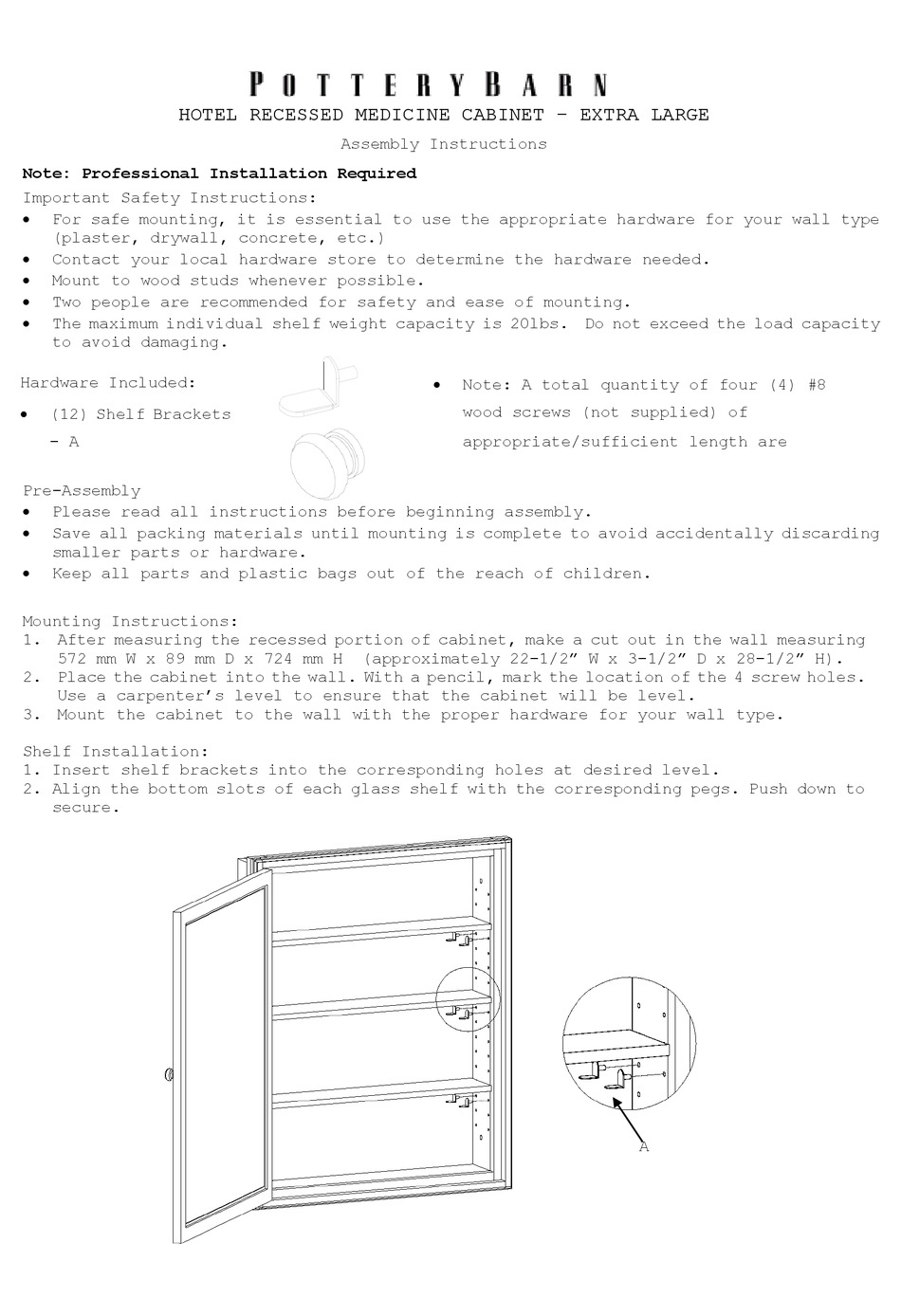 POTTERY BARN HOTEL RECESSED MEDICINE ASSEMBLY INSTRUCTIONS Pdf Download ManualsLib