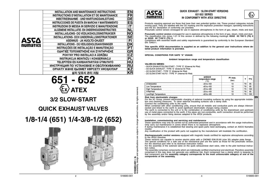 ASCO NUMATICS 651 INSTALLATION AND MAINTENANCE INSTRUCTIONS MANUAL Pdf