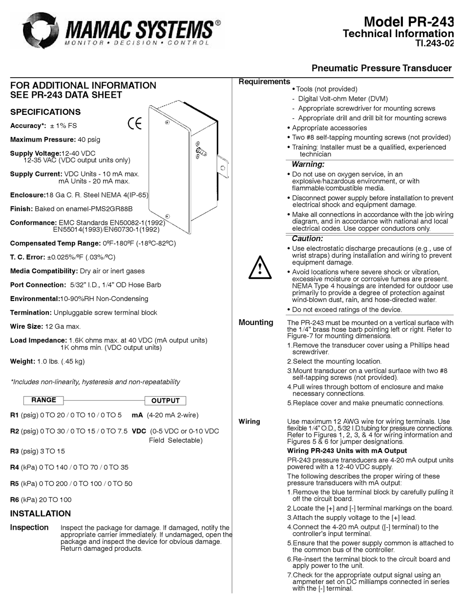 MAMAC SYSTEMS PR243 TECHNICAL INFORMATION Pdf Download ManualsLib