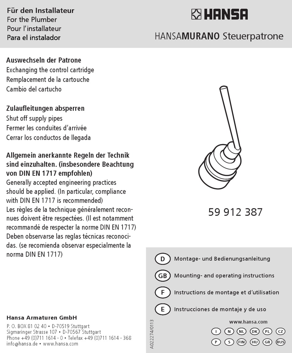 Cartucce Hansa Ricambi | Ricambi Bagno Barbetta