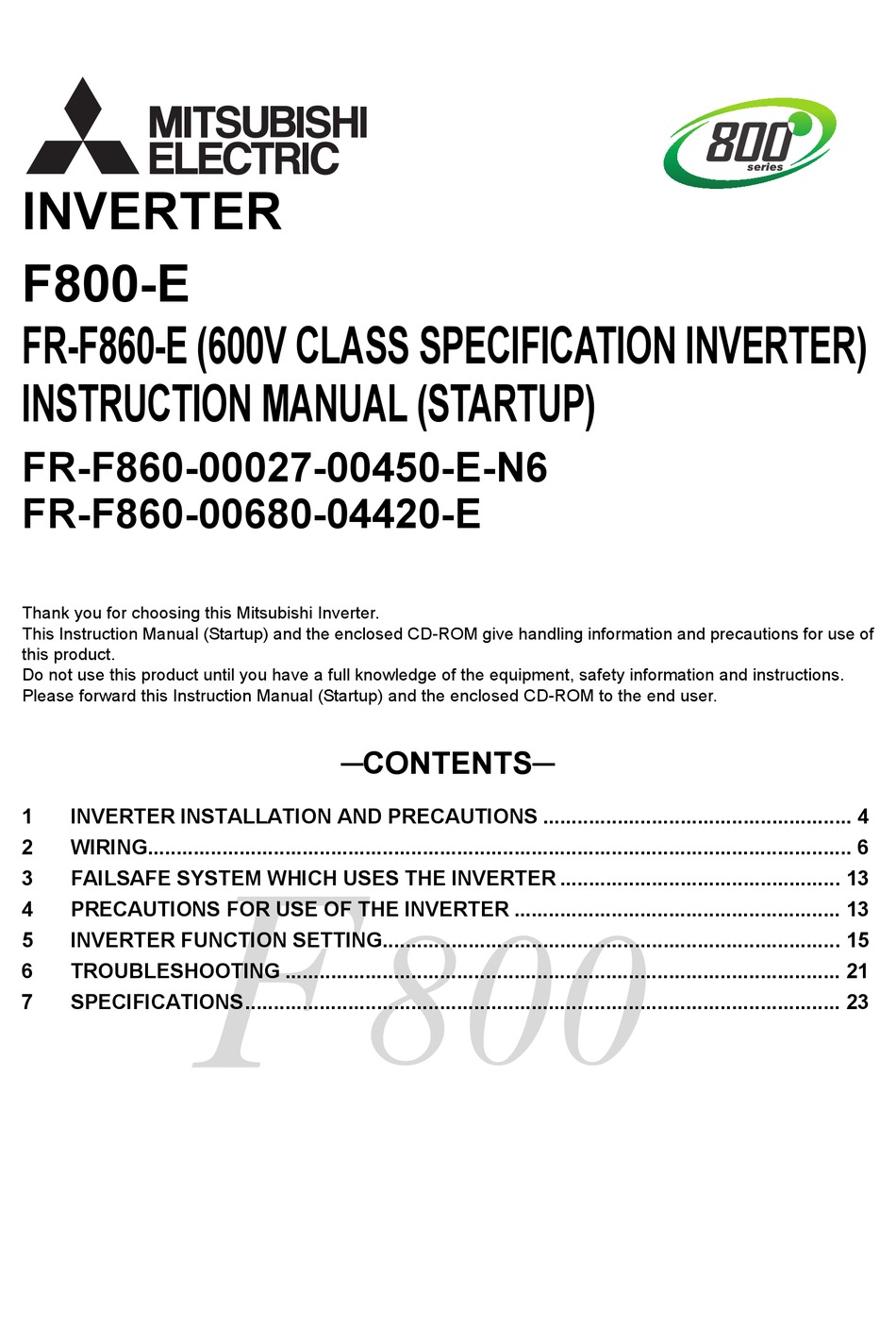 MITSUBISHI ELECTRIC 800 SERIES INSTRUCTION MANUAL Pdf Download | ManualsLib
