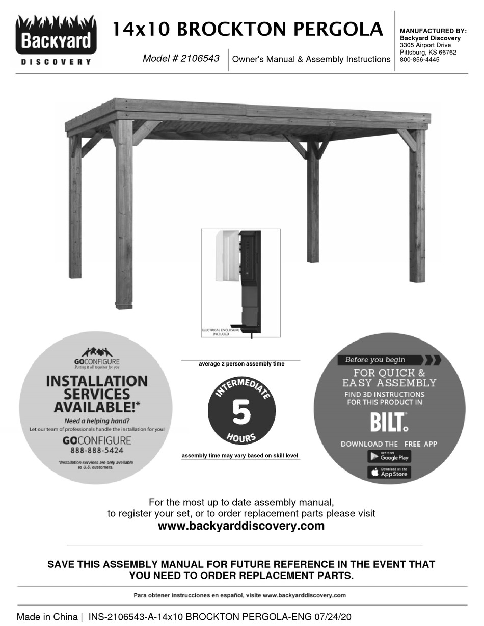 BACKYARD DISCOVERY 14X10 BROCKTON PERGOLA OWNER'S MANUAL & ASSEMBLY