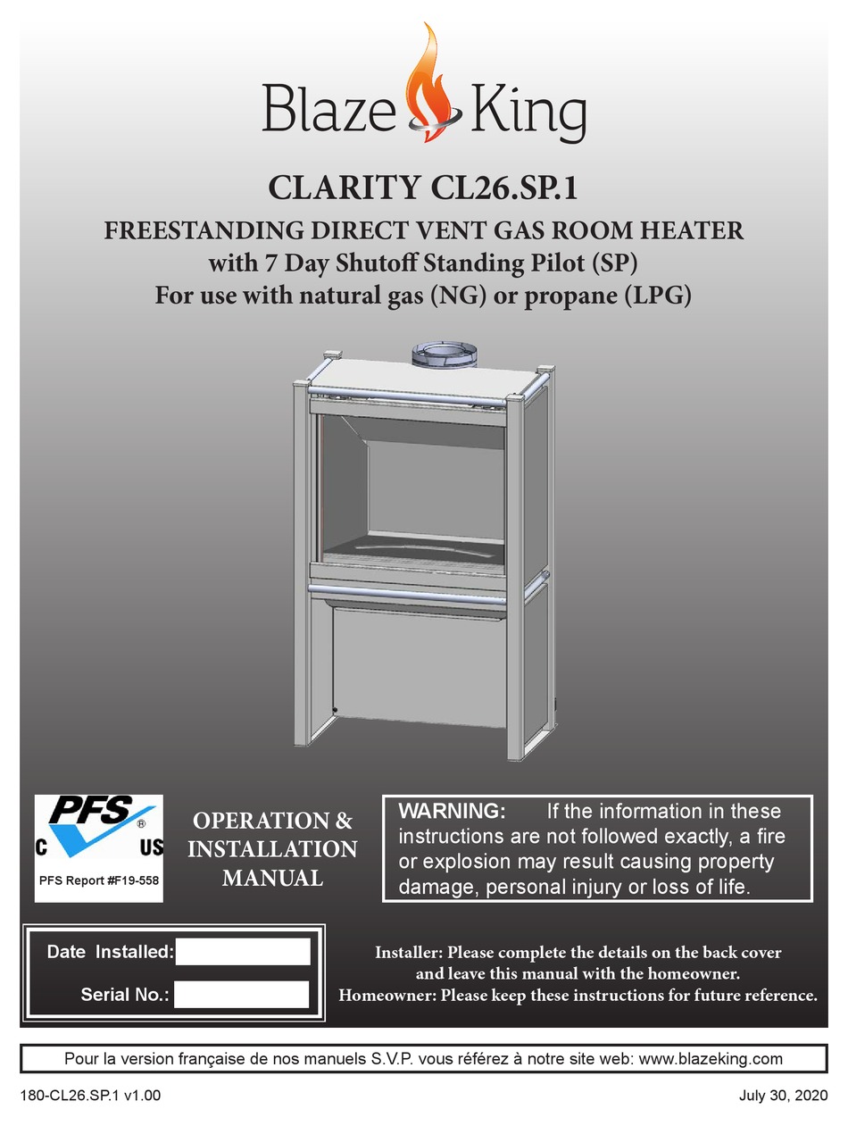 BLAZE KING CLARITY CL26.SP.1 OPERATION & INSTALLATION MANUAL Pdf