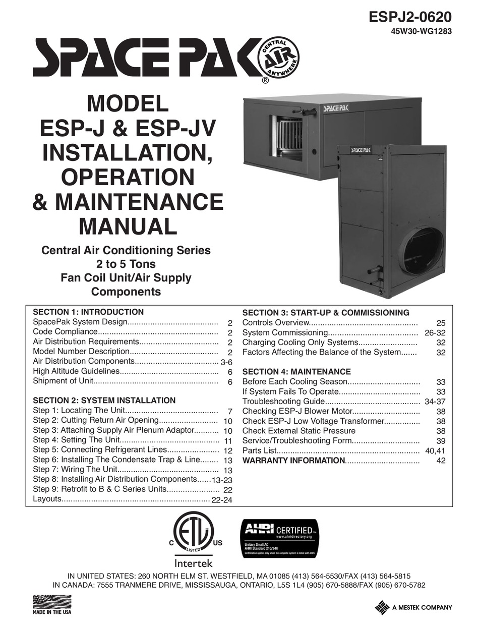 Space Pak Esp J Series Installation Operation Maintenance Manual Pdf Download Manualslib