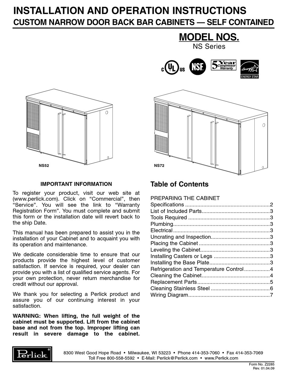 PERLICK NS SERIES INSTALLATION AND OPERATION INSTRUCTIONS MANUAL Pdf