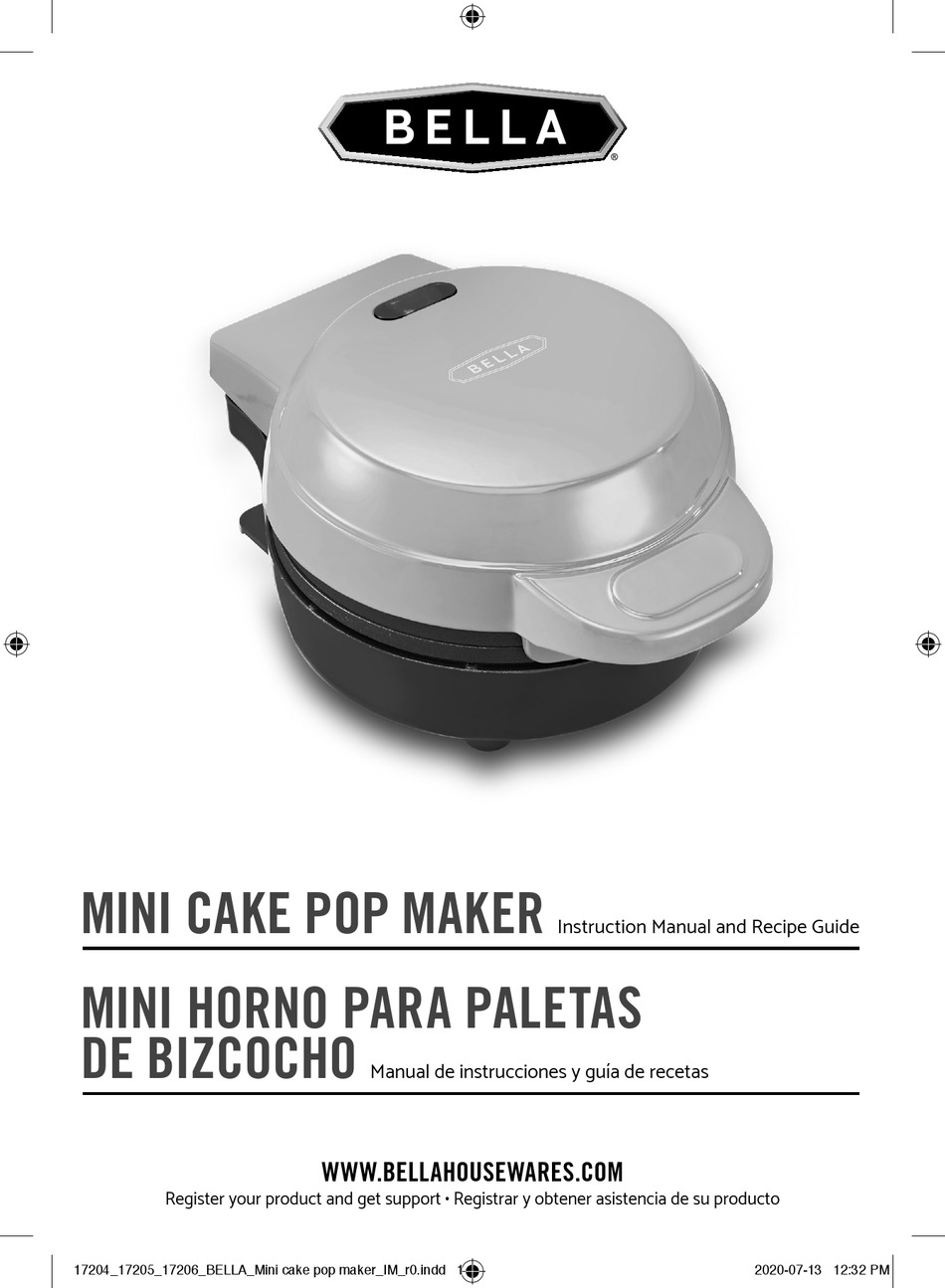 BELLA MINI CAKE POP MAKER INSTRUCTION MANUAL AND RECIPE MANUAL Pdf