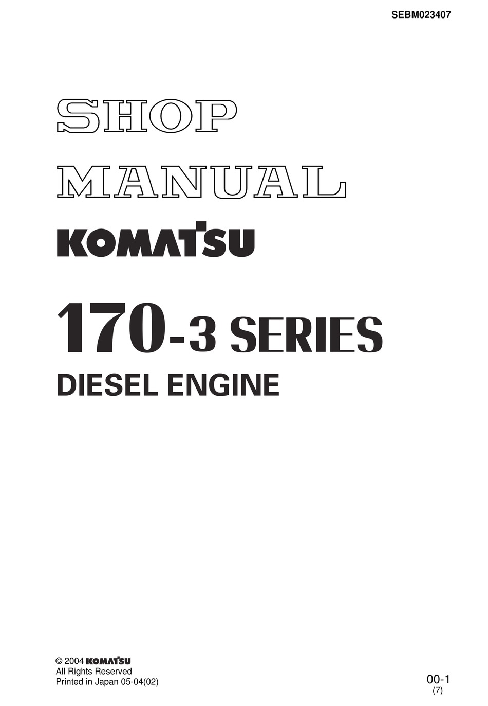 Komatsu Saa6D170E-3 170-3 Diesel Engine Repair Manual PDF Workshop File on CD! 