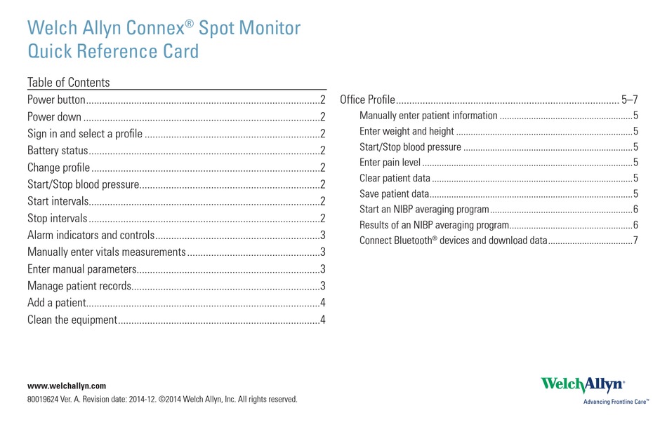 WELCH ALLYN CONNEX SPOT MONITOR QUICK REFERENCE CARD Pdf Download