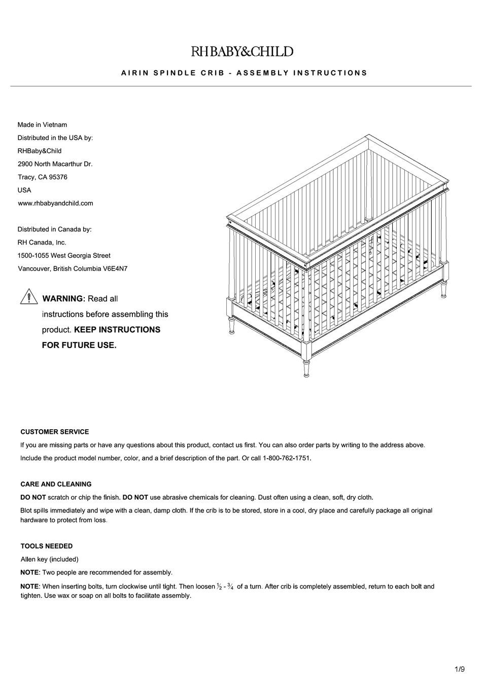 RH BABY&CHILD AIRIN SPINDLE CRIB ASSEMBLY INSTRUCTIONS MANUAL Pdf