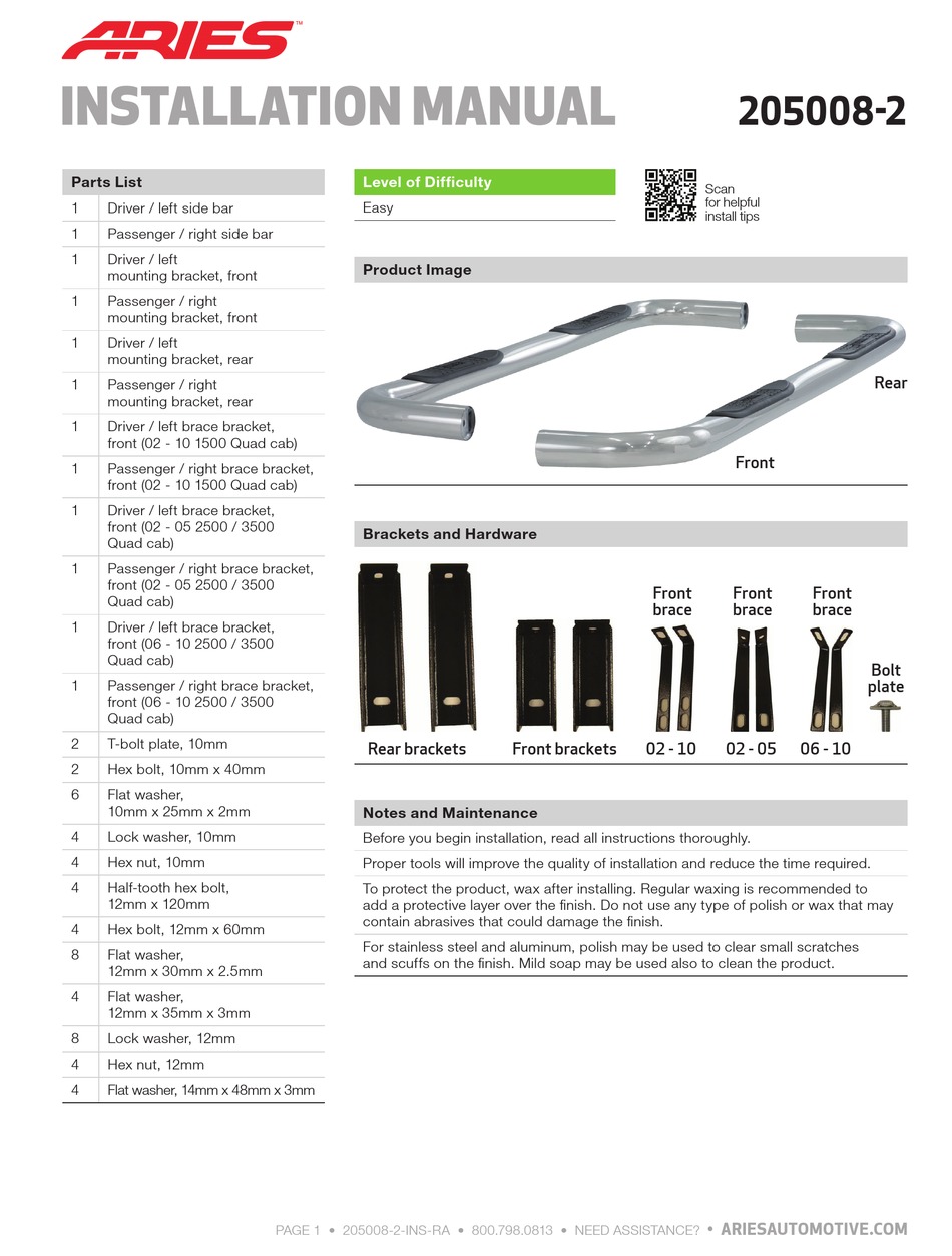 ARIES 2050082 INSTALLATION MANUAL Pdf Download ManualsLib