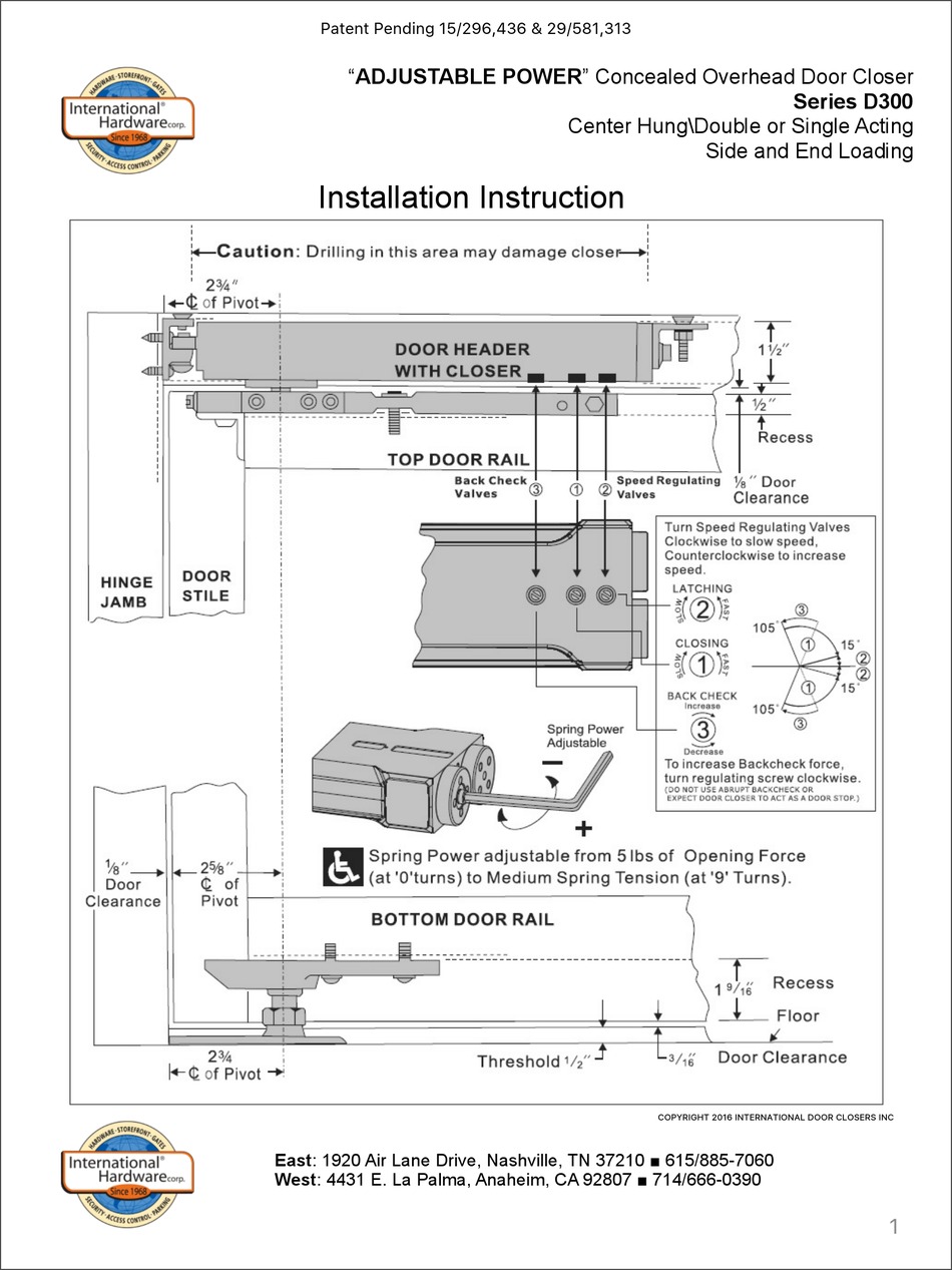 INTERNATIONAL DOOR CLOSERS ADJUSTABLE POWER D300 SERIES INSTALLATION