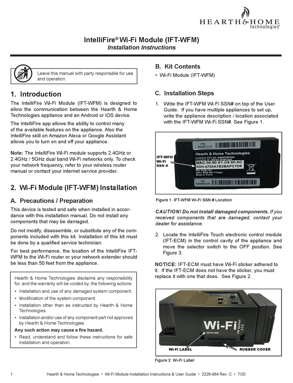 HEARTH AND HOME TECHNOLOGIES INTELLIFIRE IFT-WFM INSTALLATION ...