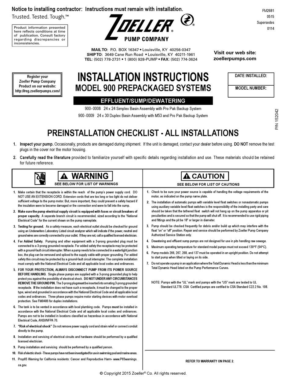 ZOELLER 900 SERIES INSTALLATION INSTRUCTIONS Pdf Download | ManualsLib