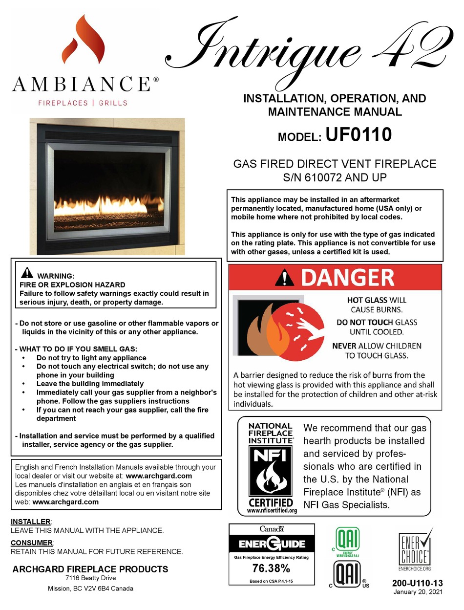 AMBIANCE FIREPLACES INTRIGUE 42 INSTALLATION, OPERATION AND MAINTENANCE