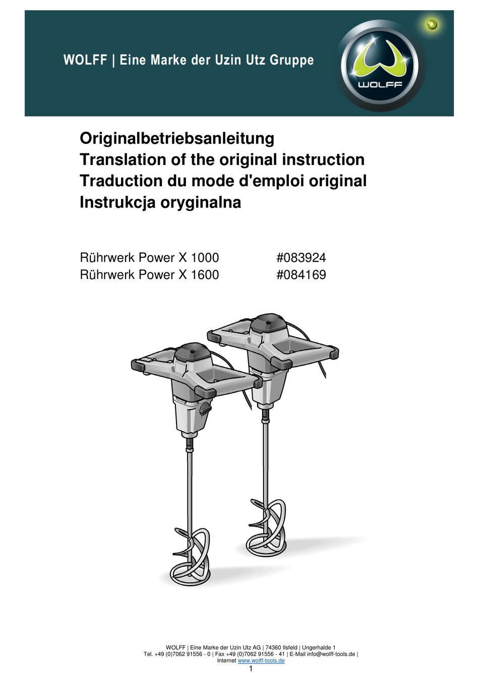 WOLFF POWER X1000 TRANSLATION OF THE ORIGINAL INSTRUCTION Pdf Download
