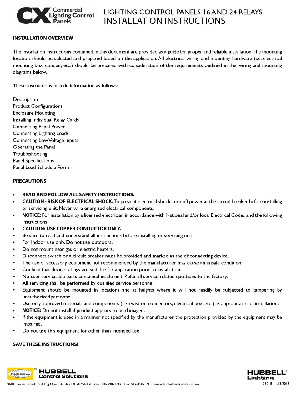 HUBBELL LIGHTING CX SERIES INSTALLATION INSTRUCTIONS MANUAL Pdf