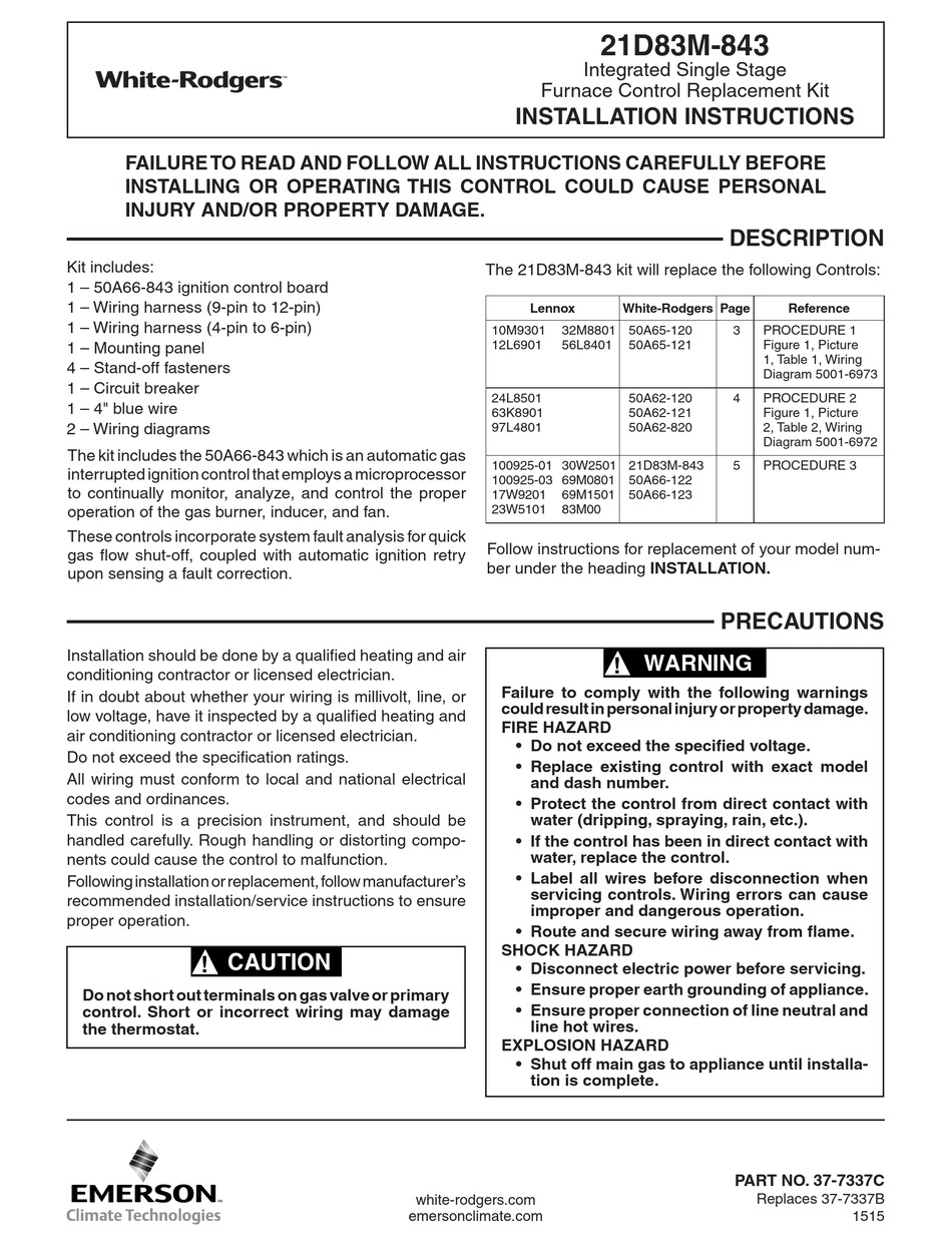 EMERSON WHITERODGERS 21D83M843 INSTALLATION INSTRUCTIONS MANUAL Pdf