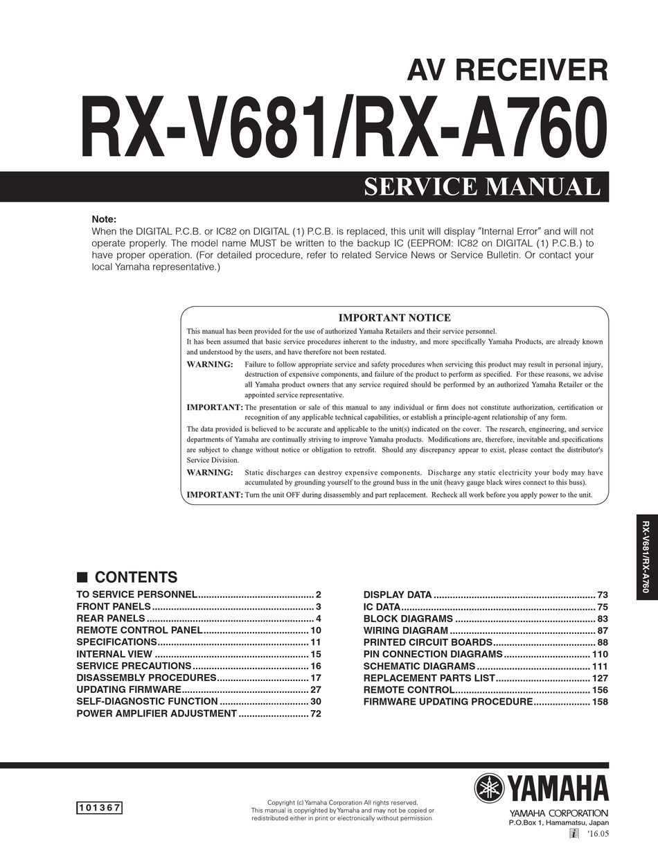 YAMAHA RX-V681 SERVICE MANUAL Pdf Download | ManualsLib
