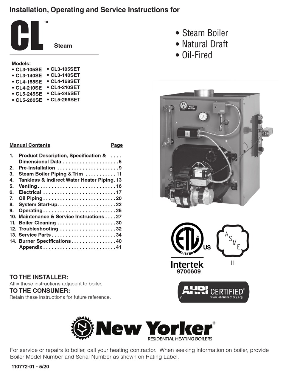 NEW YORKER CL STEAM SERIES INSTALLATION, OPERATING AND SERVICE