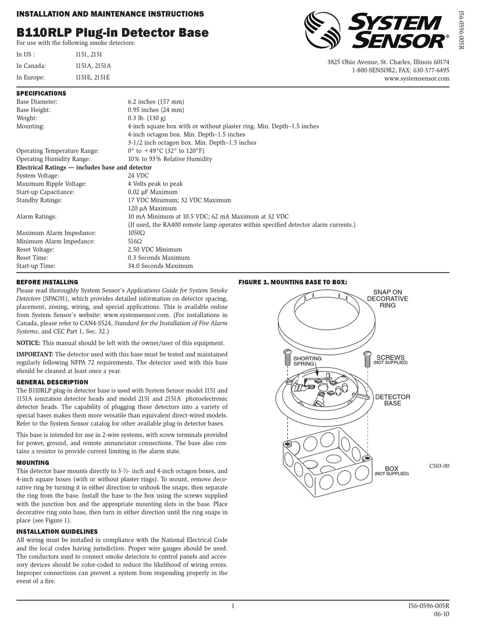 SYSTEM SENSOR B110RLP PLUG IN DETECTOR BASE 