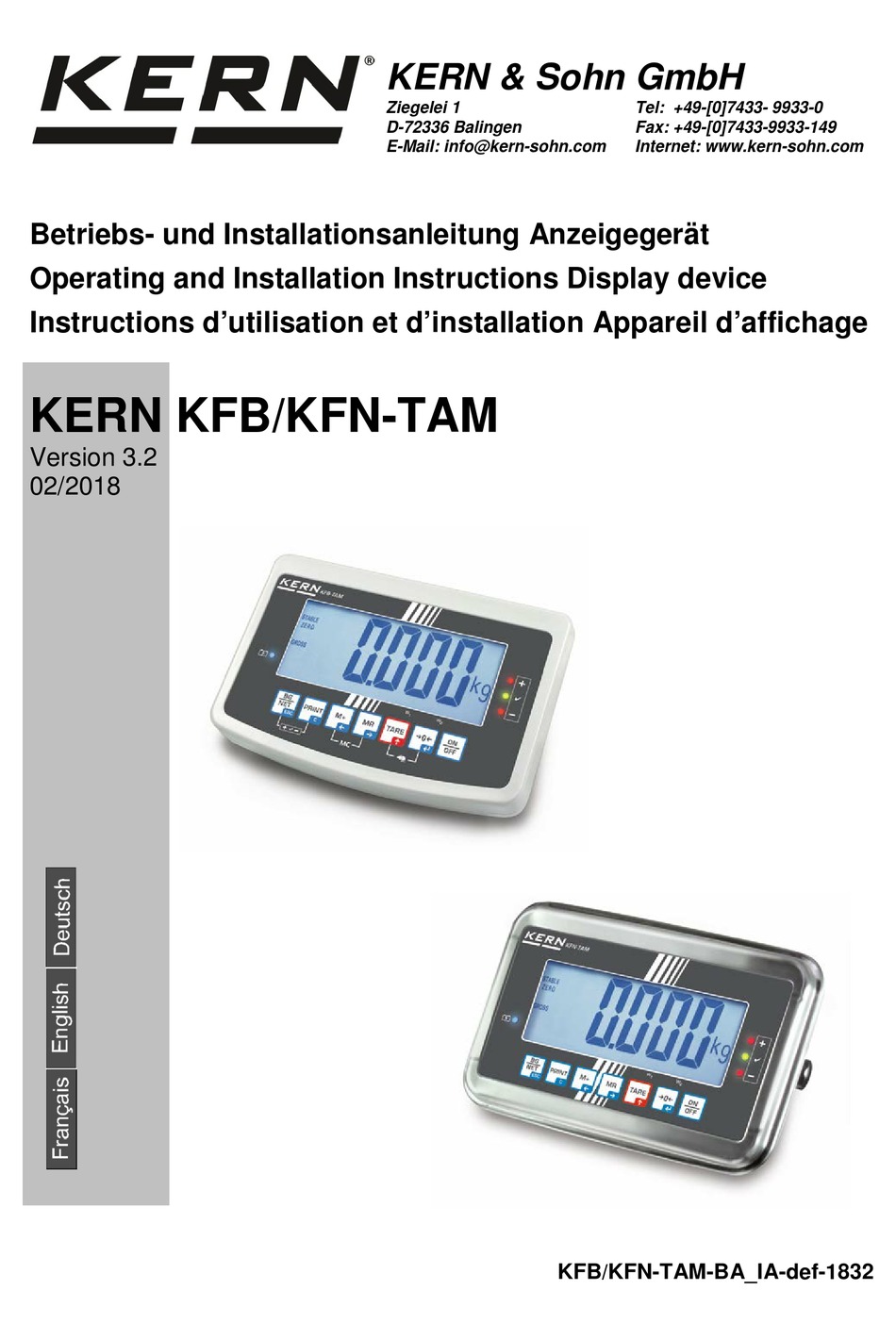 KERN KFBTAM OPERATING AND INSTALLATION INSTRUCTIONS Pdf Download