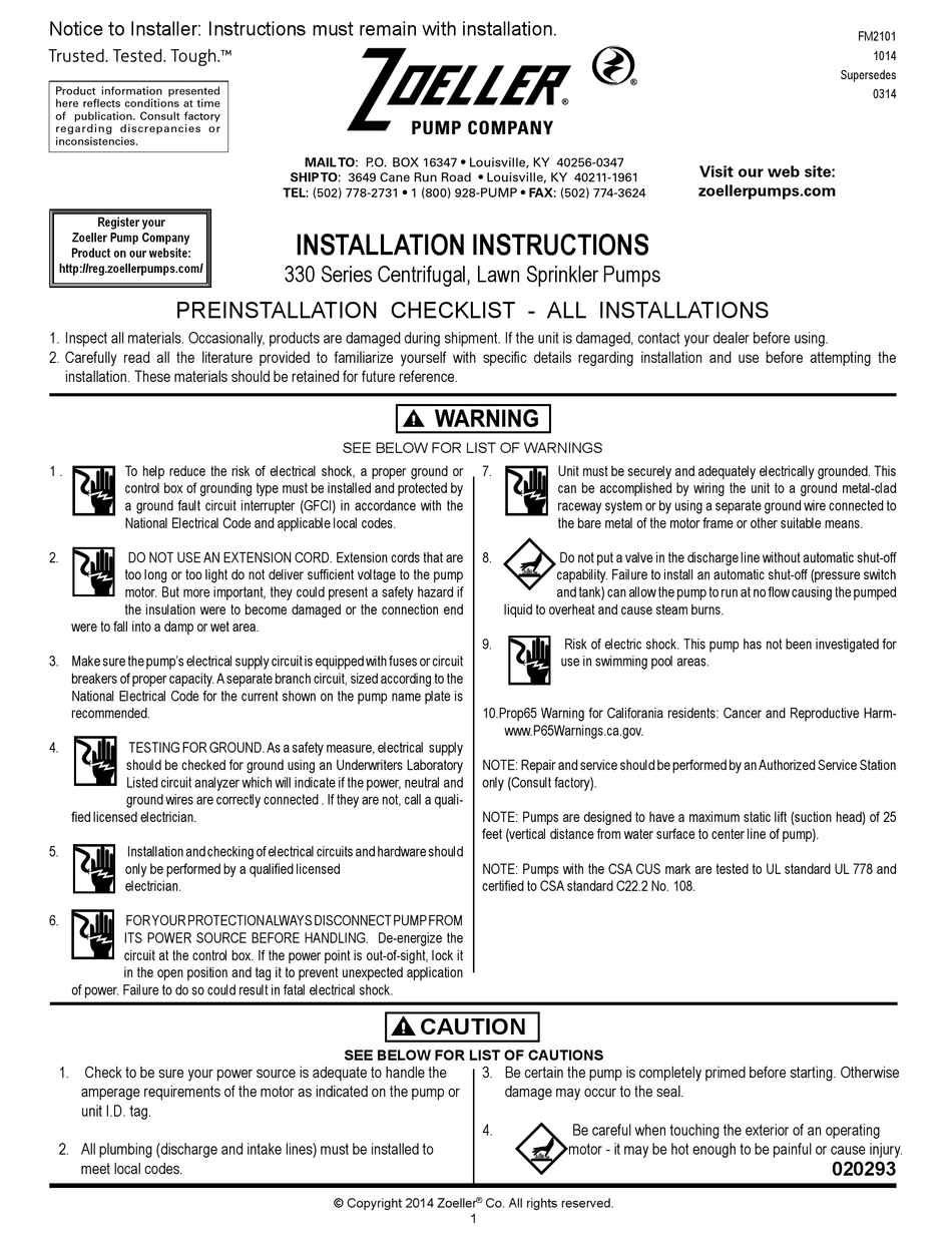 ZOELLER 330 SERIES INSTALLATION INSTRUCTIONS MANUAL Pdf Download