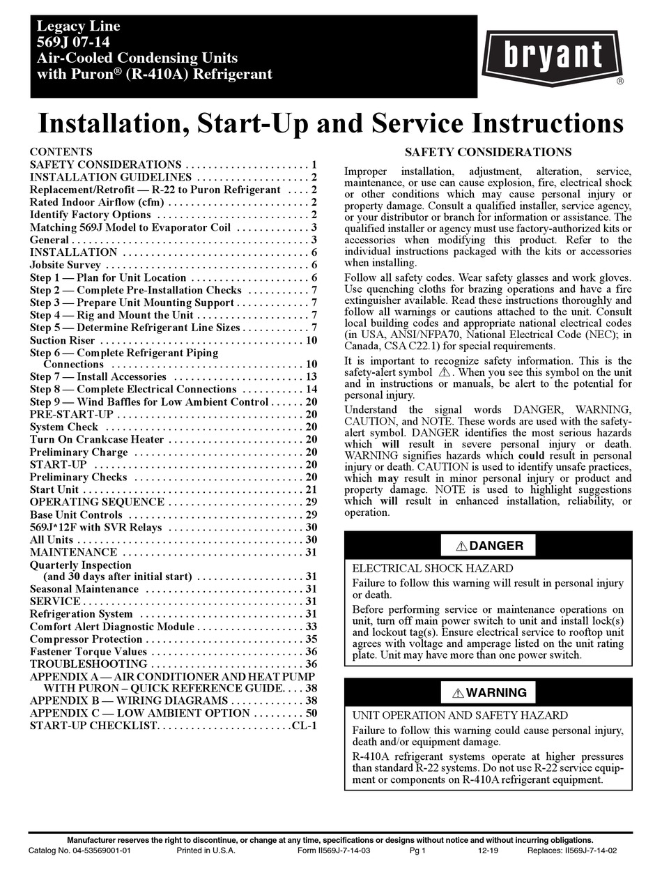 BRYANT LEGACY SERIES INSTALLATION, START-UP AND SERVICE INSTRUCTIONS ...