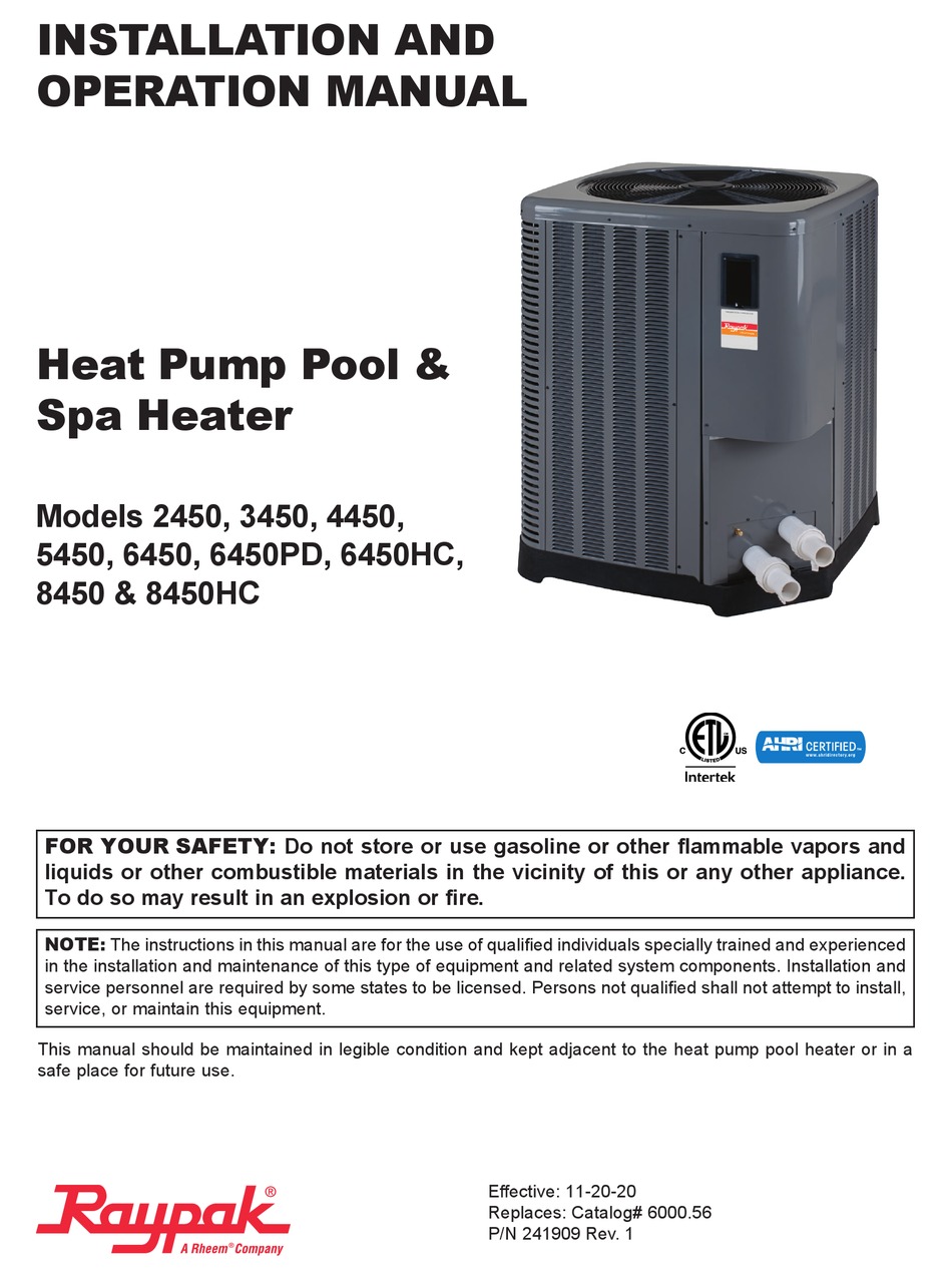 RHEEM RAYPAK 2450 INSTALLATION AND OPERATION MANUAL Pdf Download