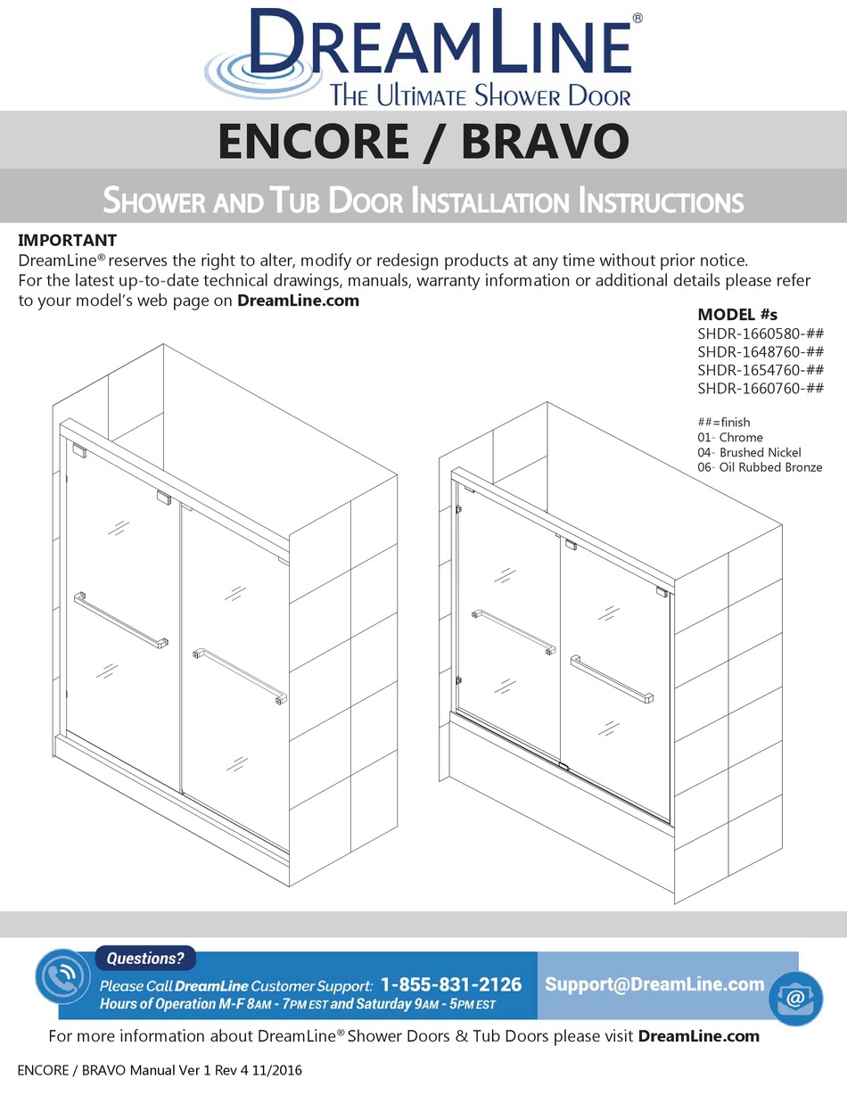 DREAMLINE ENCORE/BRAVO SHDR1660580 SERIES INSTALLATION INSTRUCTIONS