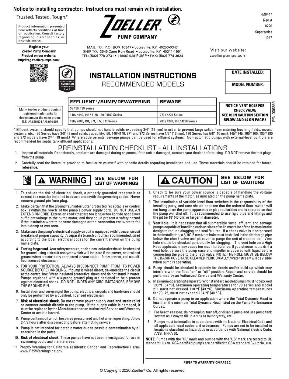 ZOELLER 55/59 SERIES INSTALLATION INSTRUCTIONS MANUAL Pdf Download