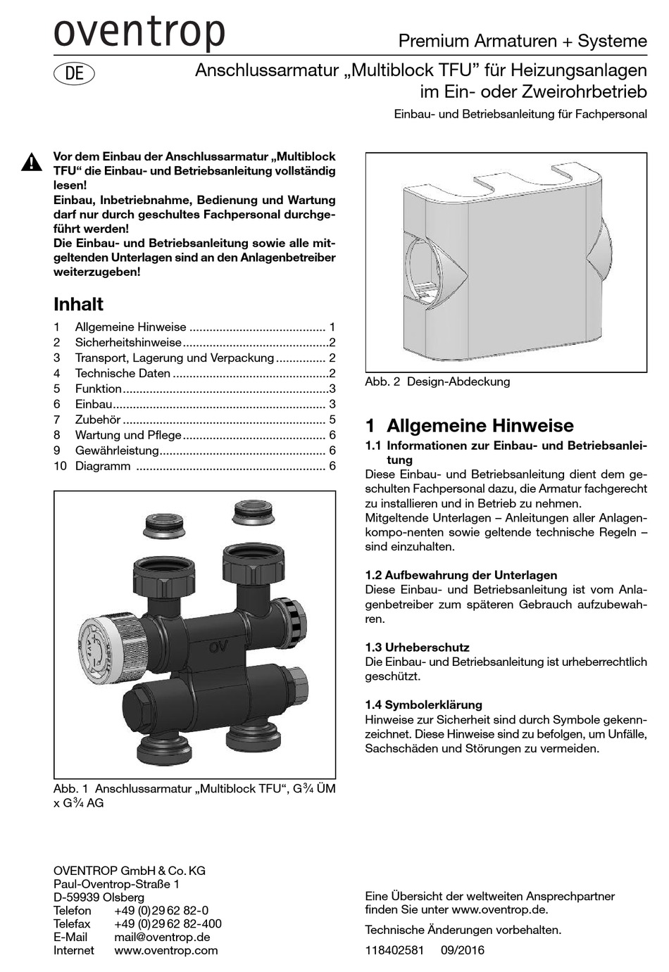 OVENTROP MULTIBLOCK TFU INSTALLATION AND OPERATING INSTRUCTIONS MANUAL ...