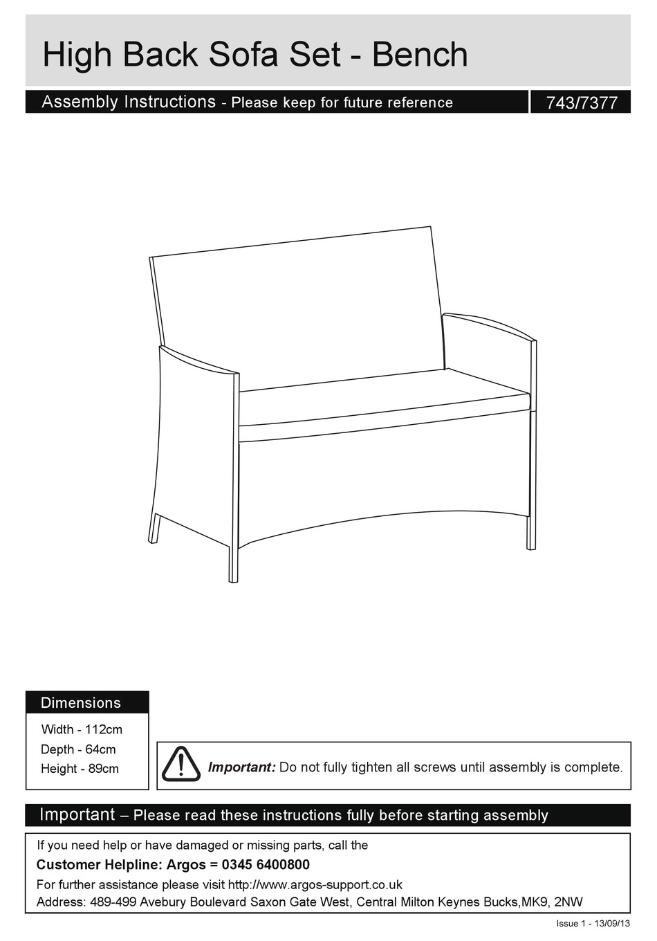 ARGOS HIGH BACK SOFA SET 743/7377 ASSEMBLY INSTRUCTIONS Pdf Download