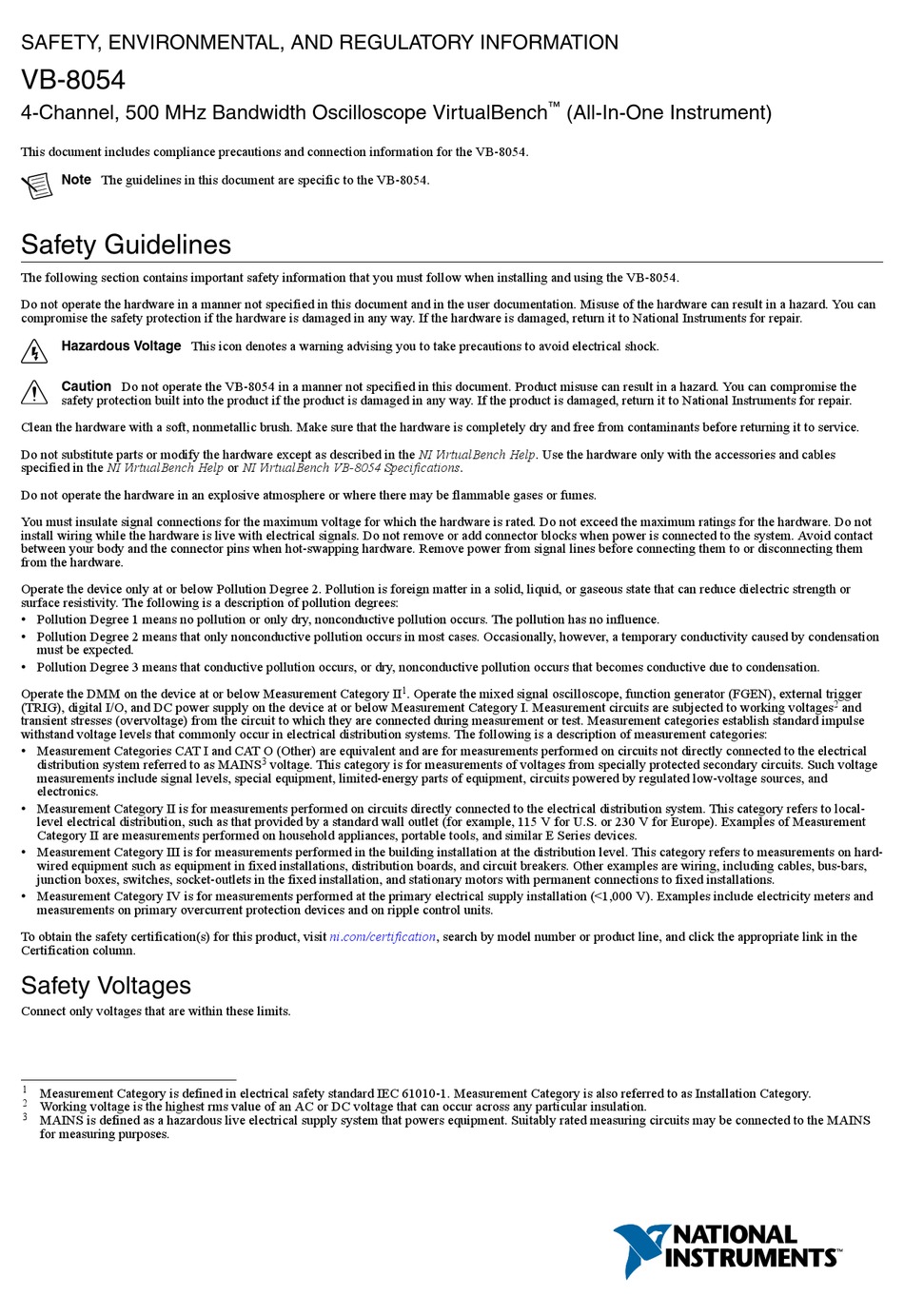 NATIONAL INSTRUMENTS VIRTUALBENCH VB8054 SAFETY, ENVIRONMENTAL, AND REGULATORY INFORMATION Pdf