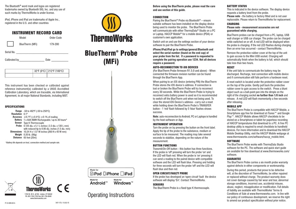 THERMOWORKS BLUETHERM OPERATING INSTRUCTIONS Pdf Download ManualsLib