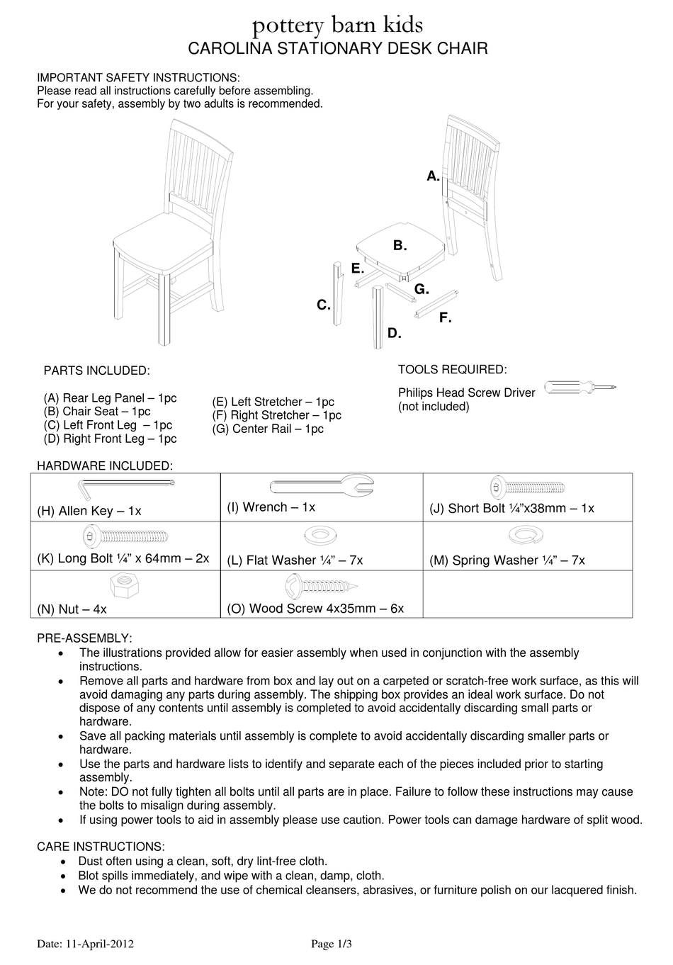 POTTERY BARN KIDS CAROLINA IMPORTANT SAFETY AND ASSEMBLY INSTRUCTIONS Pdf Download ManualsLib