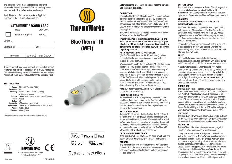 THERMOWORKS BLUETHERM IR OPERATING INSTRUCTIONS Pdf Download ManualsLib