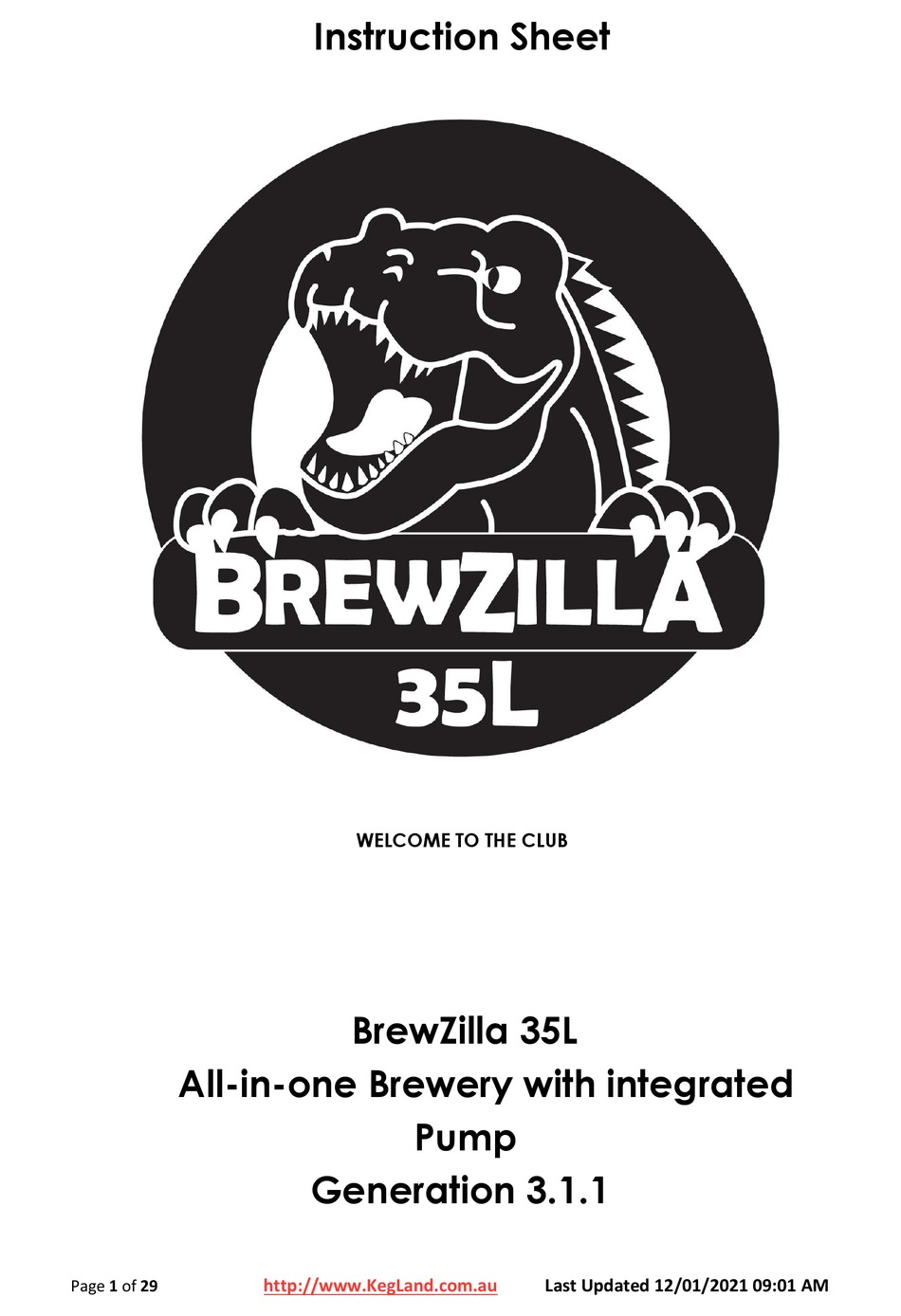 KEGLAND BREWZILLA 35L INSTRUCTION SHEET Pdf Download ManualsLib
