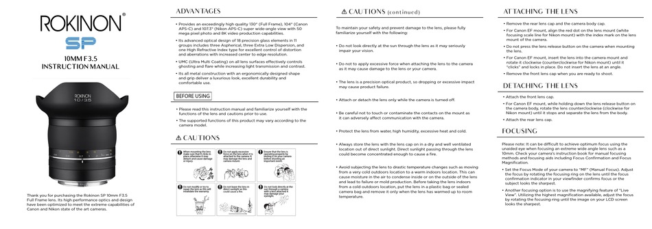 ROKINON SP 10MM F3.5 INSTRUCTION MANUAL Pdf Download | ManualsLib