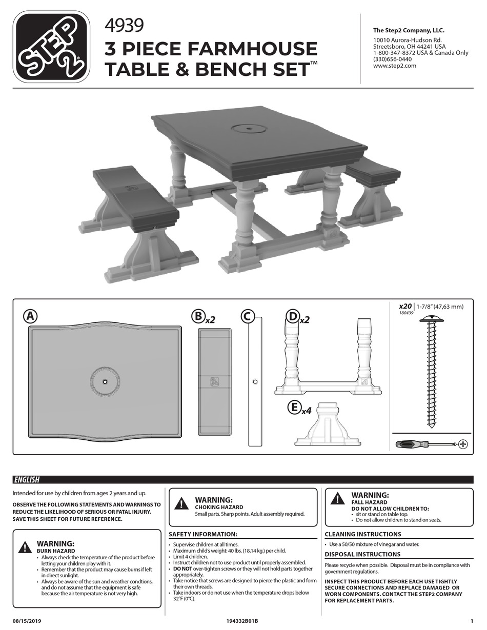 Step 2 3 Piece Farmhouse Table & Bench Set
