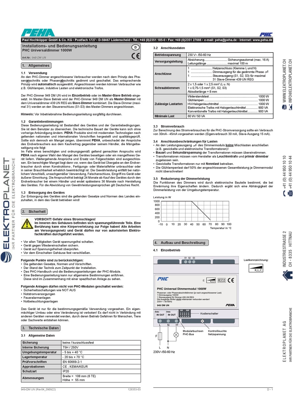 PEHA PHC UNIVERSAL DIMMER 1000W INSTALLATION AND OPERATING MANUAL Pdf