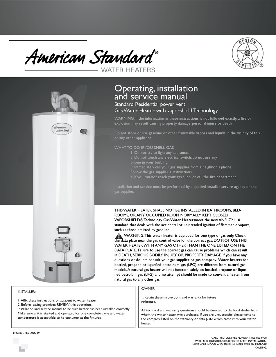 AMERICAN STANDARD STANDARD RESIDENTIAL OPERATING, INSTALLATION AND