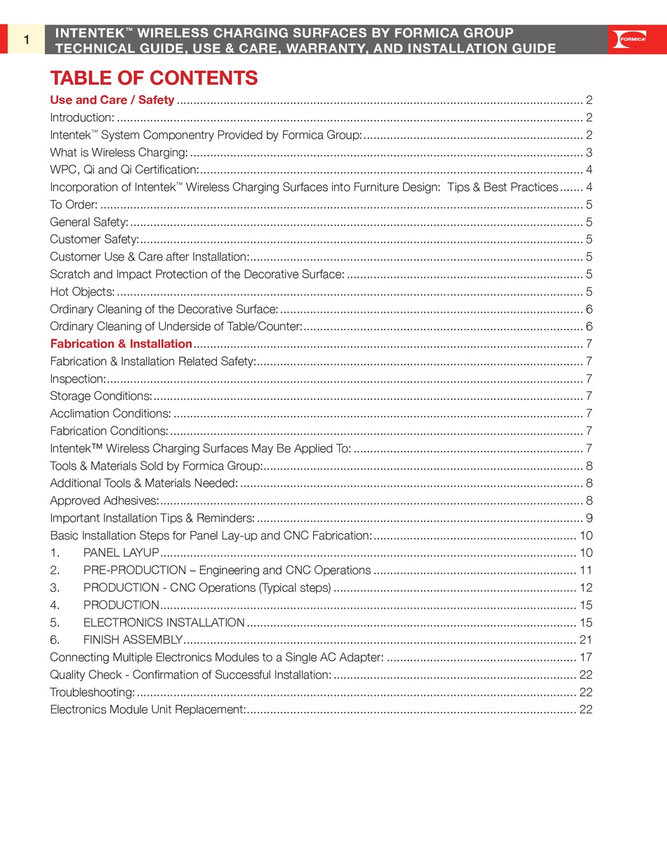 FORMICA INTENTEK TECHNICAL MANUAL, USE & CARE, WARRANTY, AND
