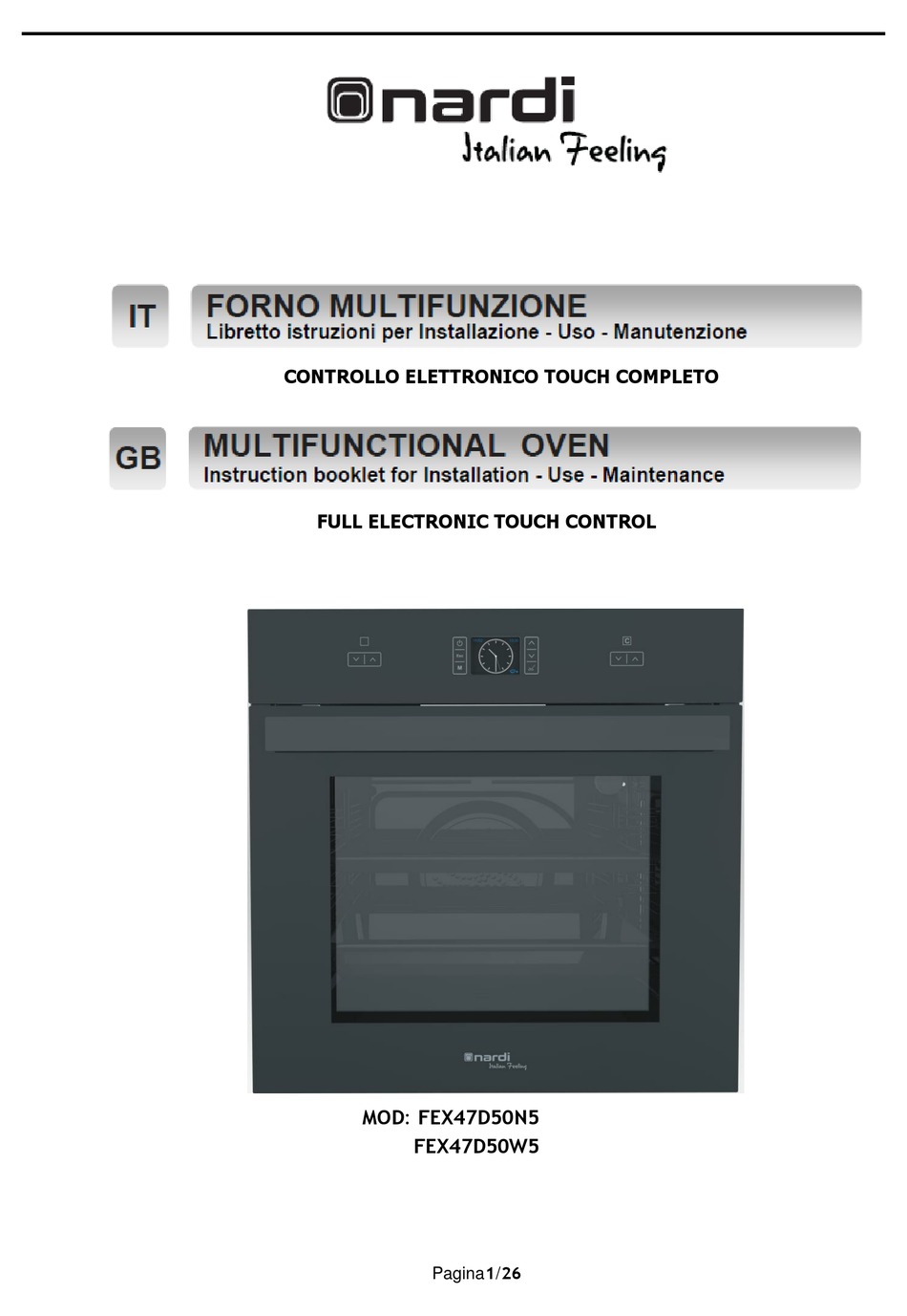 NARDI FEX47D50N5 INSTRUCTION BOOKLET FOR INSTALLATION, USE, MAINTENANCE