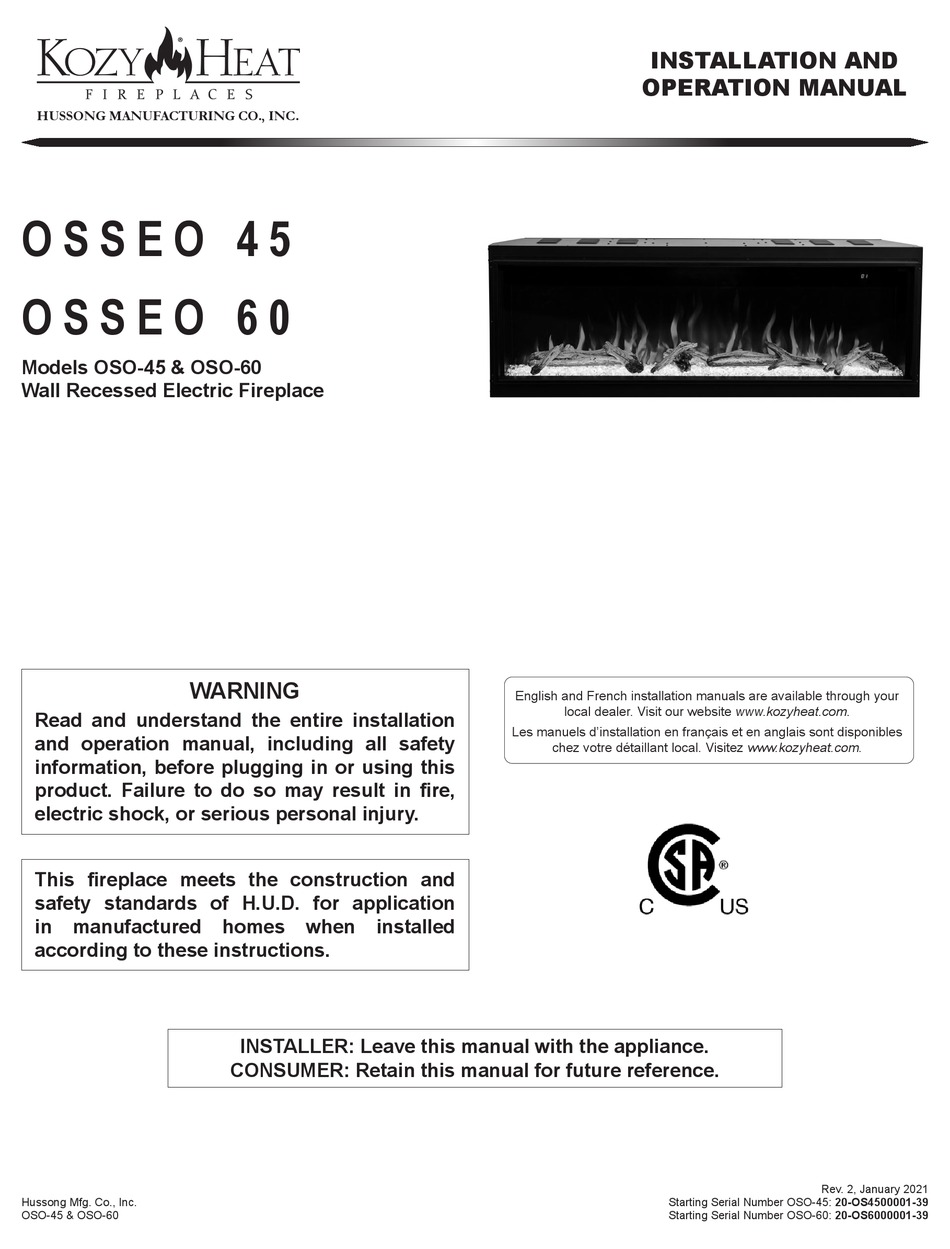 HUSSONG KOZY HEAT OSSEO 45 INSTALLATION AND OPERATION MANUAL Pdf