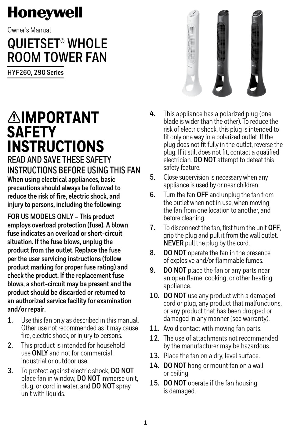 Honeywell Home Quietset Hyf260 Series Owner S Manual Pdf Download Manualslib