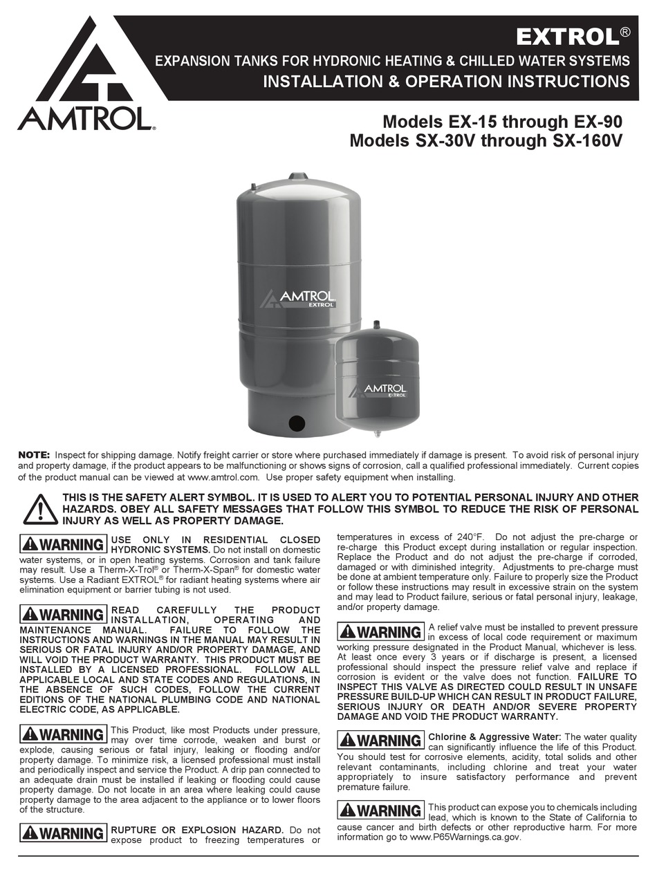 AMTROL EXTROL EX SERIES INSTALLATION & OPERATION INSTRUCTIONS Pdf
