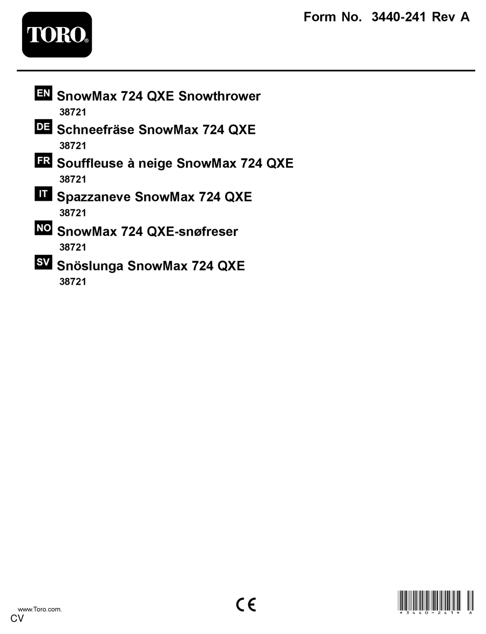 TORO SNOWMAX 724 QXE OPERATOR'S MANUAL Pdf Download ManualsLib